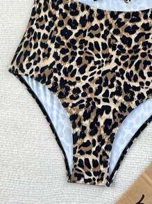 SHEIN Swim 最新款多色豹纹胸前系带性感修身连体比基尼泳装 - 彩色 - 查看 6