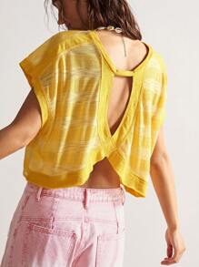 Bohemela BOHO Casual Beach Holiday Solid Color Knit Striped Loose T-Shirt For Women