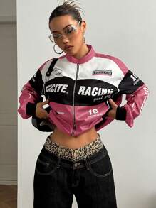 SHEIN HypeZone Áo khoác bomber thả vai họa tiết chữ tương phản màu sắc cho quần áo năm mới - Nhiều màu - Xem 5