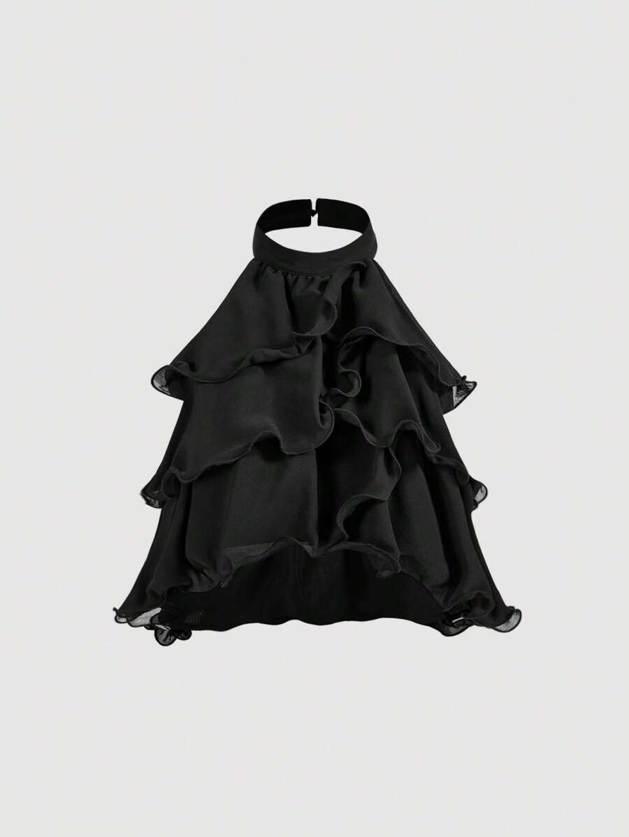 SHEIN MOD Black Multi-Layered Ruffle Crop Top, Cute Tops, Elegant Shape, Backless Top, New Years Top, Party Tops Women, Women's Casual Front Button Wide Strap Minimalist Top For Everyday Wear, Vintage , Women Clothes, Look Valentine's Day - Black - View 1