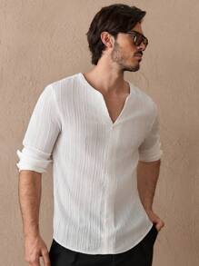 Manfinity VCAY Men Solid Notched Neck Plain Long Sleeve White Shirt, For Vacation, Fall - White - View 5