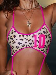 Swim SXY 1 件女士豹纹随机图案数码霓虹粉色镶边吊带镂空低腰连体性感内裤