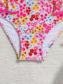 Ensembles de bikini à fleurs soyeuses pour jeunes filles, Top avec bordure florale rose, 2 pièces de maillot de bain, style élégant et décontracté, convient pour la natation, les vacances, l'été
