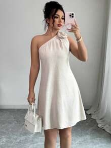 Selianne Robe décontractée en lin sans manches avec une épaule, robe ample et élégante pour les vacances et le travail avec décoration florale et fente latérale, printemps/été, sortie - Nude - Voir 1