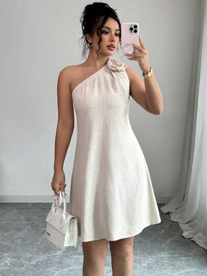 Selianne Vestido casual de lino sin mangas con un hombro, vestido elegante y holgado para vacaciones y trabajo con decoración floral y abertura lateral, primavera/verano, para salir