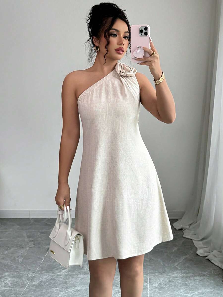 Selianne Robe décontractée en lin sans manches avec une épaule, robe ample et élégante pour les vacances et le travail avec décoration florale et fente latérale, printemps/été, sortie - Nude - Voir 1