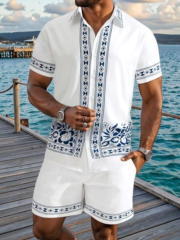 Manfinity RSRT Ensemble de deux pièces pour homme, chemise à manches courtes à imprimé floral et short. Tenues de vacances pour hommes