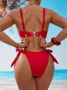 Voyashape Bộ bikini cạp trễ có gọng nâng ngực DD+ Cup - Đỏ - Xem 2