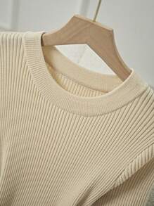 Franclia Women's Elegant Fitted Round Neck Short Sleeve Decorative Button Knit Dress, Summer - Khaki - View 3