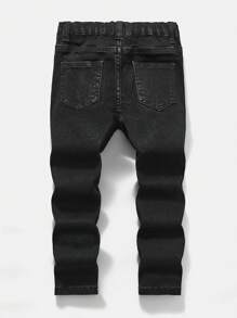 SHEIN 男童新款时尚涂鸦图案破洞弹力修身黑色牛仔裤，适合儿童春夏服装和日常街头穿搭 - 黑色 - 查看 2