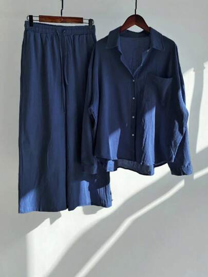 Plus Size Casual Set Solid Color Long Sleeve Shirt And Long Pants, Fashionable For Summer