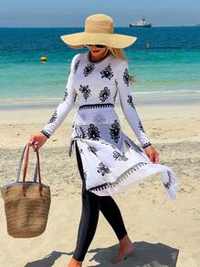 Swim Mulvari Women's Vintage Boho Pattern Mesh 3 Pieces Set - Long Sleeve Cover-Up, Long Pants, And Bikini Bottom, Elegant Casual Outfit For Spring/Summer Holiday, Beach Party - Multicolor - View 1