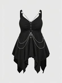 ROMWE Plus Size Gothic Punk Asymmetrical Hem Chain & Cross Decor Camisole & Tank Top - Black - View 5