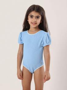 SUMWON Swimming Leotard With Puff Sleeves Retro Style High Coverage Swimsuit Textured Fabric Competition Dancewear Beach Training Practice - Dusty Blue - View 2