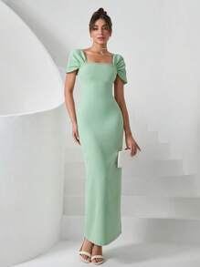 EURMUSE Elegant Style, Square Neck With Faux Diamond Detailed Long Black Dress - Mint Green - View 4