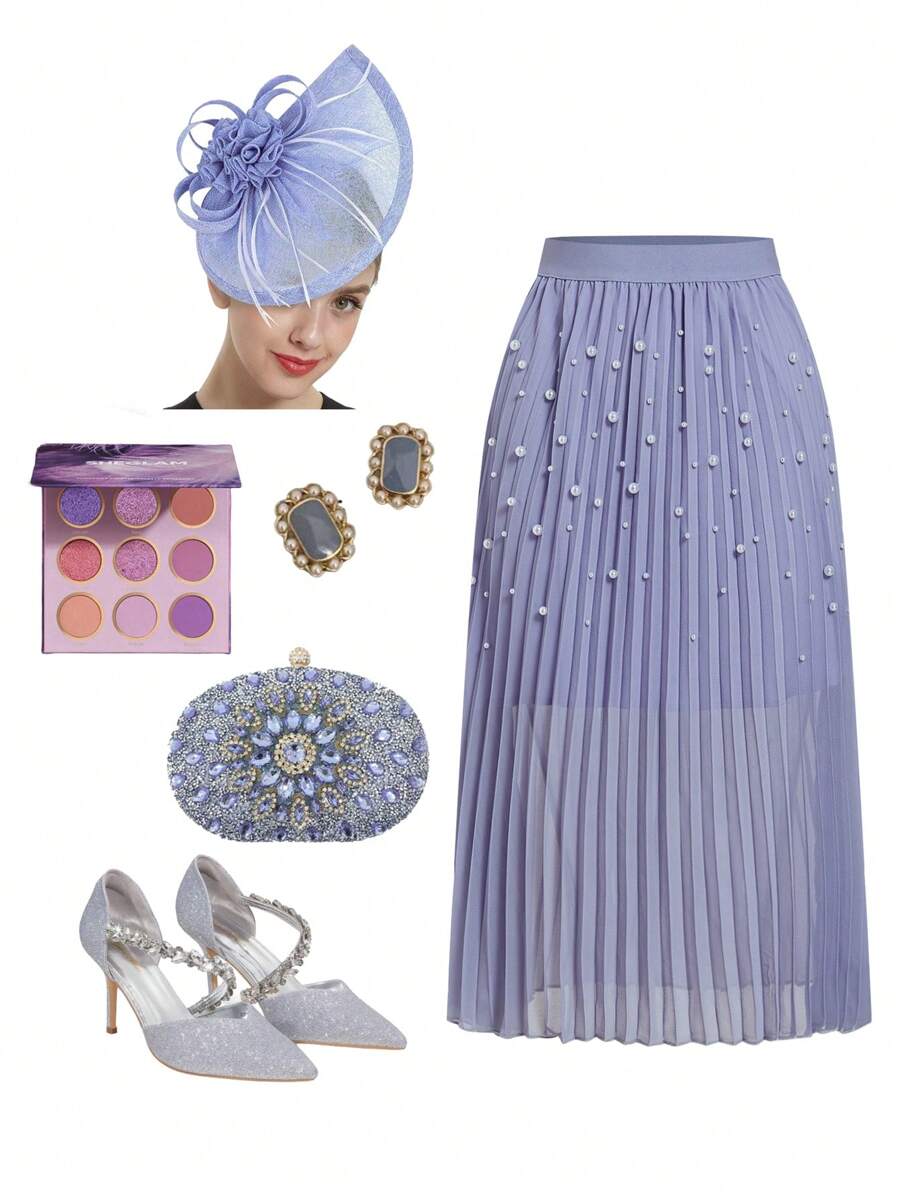 Ellevyn Falda de gasa azul de alta calidad, de corte delgado, con pliegues y cuentas, elegante y nueva, para el verano