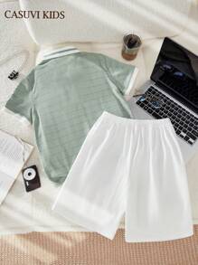 SHEIN Set da 2 pezzi per ragazzi pre-adolescenti, comodo, con polo e pantaloncini a maniche corte, per l'estate