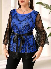 EMERY ROSE Plus Size Women's Elegant Commuting Black Lace Trumpet Sleeve Top Ribbon Tie Waist Autumn Women's Tops Women Blouses Plus Size  Fall Women Clothes Fall Clothes For Women Wedding Guest Dress Elegant