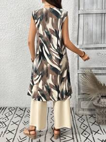 EMERY ROSE 2pcs/Set Vacation Casual All-Over Printed Wrap Top And Long Pants Outfit - Apricot - View 2