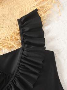 SHEIN Leap Crew Tween Girls Casual Solid Color Adorable Square Neck Crossed Ruffle One-Piece Swimsuit - Black - View 7