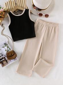 Wildeya 2 pièces/Set Top tricot noir décontracté et pantalon ample kaki pour jeune fille, tenue d'été. Vêtements quotidiens confortables pour enfants