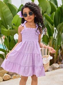 Young Girl's Macaron Color Casual Dress Suitable For Weekend Getaways, Camping, Beach Vacations, School, Campus, College - Purple - View 1