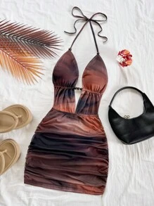 Soleia 女士度假复古扎染抽象印花深 V 领露背系带迷你连衣裙，合身荷叶边下摆，性感时尚，适合派对、约会、下午茶、夏日海滩度假 - 彩色 - 查看 4