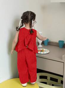 SHEIN Set Rompi dan Celana Merah untuk Bayi Perempuan, Tampilan Liburan yang Menggemaskan - Merah - View 4