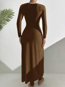 Swim Mulvari Spring 3 Pieces Set: Long Sleeve Burkini Swimsuit, Elegant All-Black With Asymmetrical Metal Buckle Beach Dress For Summer Beach Vacation - Coffee Brown - View 2