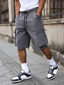 Manfinity EMRG Men's Solid Drawstring Waist Loose Casual Cargo Shorts - Dark Grey - View 3