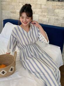 Dazy Plus Plus Size V-Neck Striped Flare Sleeve Long Nightgown Pajama - White - View 5