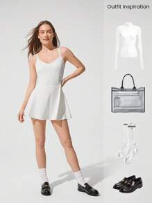 GLOWMODE FeatherFit™-Air Sunny Days Heart Neck Double Cross Straps Peekaboo Shorts Side Pockets Non-Slip Removable Cups Dress Low Impact Tennis Golf Yoga Pilates Studio Daily Casual Wear - White - View 8