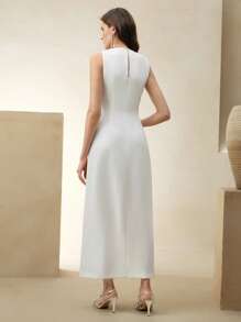 Anewsta Robe de soirée moulante à fente latérale à manches longues chaîne creuse de luxe Top de gamme pour invités de mariage - Blanc - Voir 2