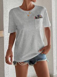 EURMUSE 100%Cotton T-Shirt With Flower Embroidery, Round Collar, Pocket Details - Grey - View 4