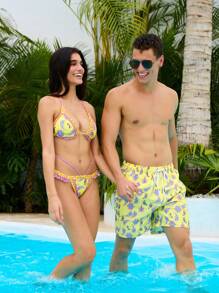 Manfinity VDAYZ Men's Vacation Cashew Print Drawstring Waist Beach Shorts - Yellow - View 6