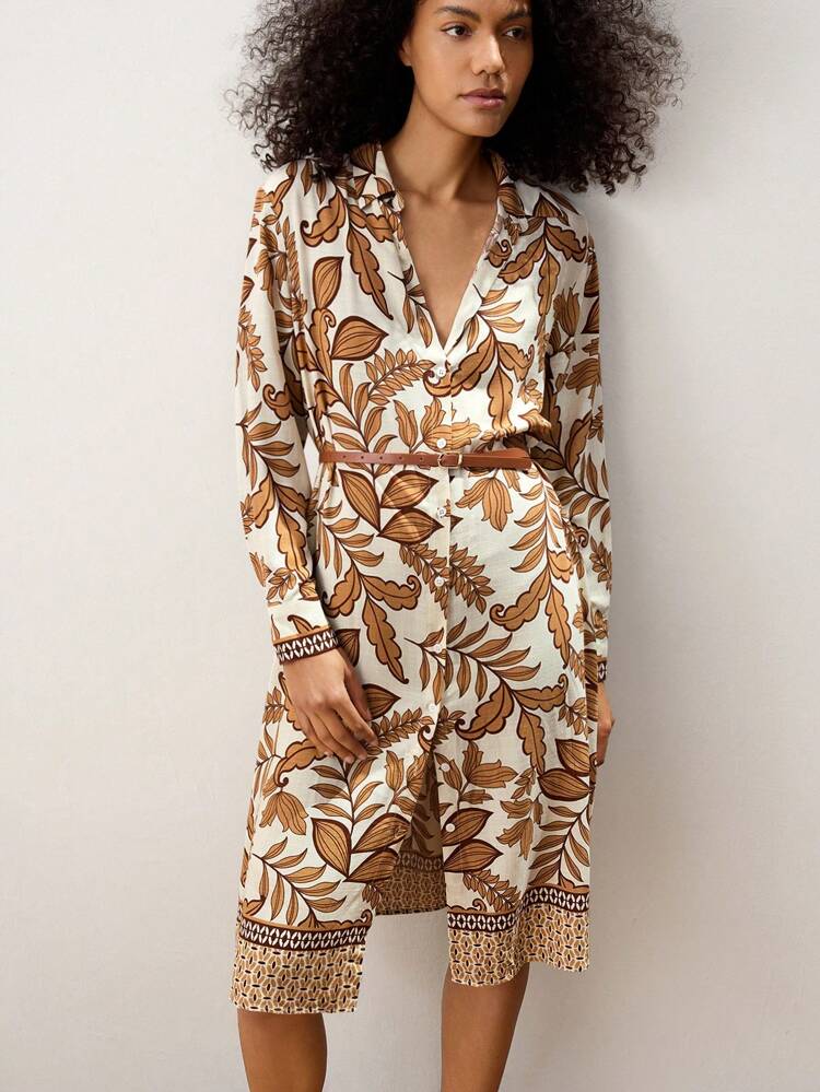 SHEIN Maija Off-White,Autumn,Elegant,Tea Party Plant Print Long Dress,Bohemian Style A-Line Umbrella Hem Design,Fashionable Festival Boho Summer Hawaiian Clothing