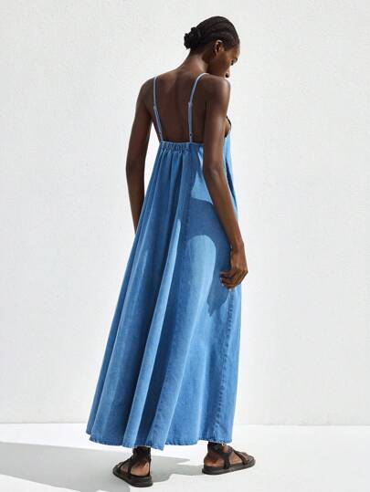 Maija 女士蓝色牛仔吊带裙，休闲商务度假露背优雅连衣裙