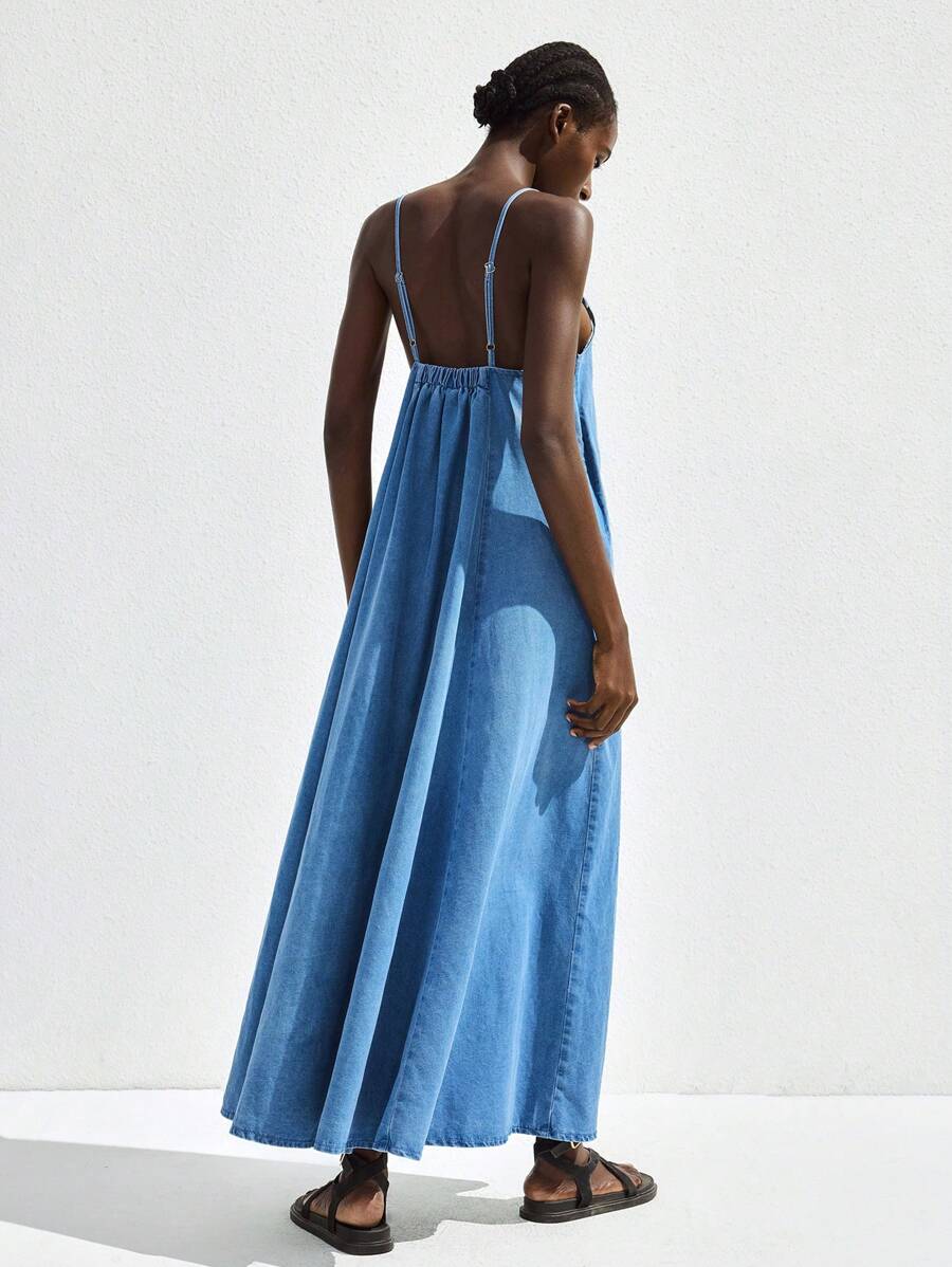 Maija 女士蓝色牛仔吊带裙，休闲商务度假露背优雅连衣裙 - 淺色水洗藍 - 查看 1