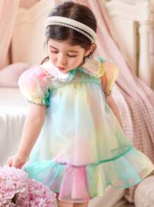 Vestido de verano elegante para niña con cuello de volantes, mangas abullonadas y ribete de volantes de organza verde - Verde - Ver 6