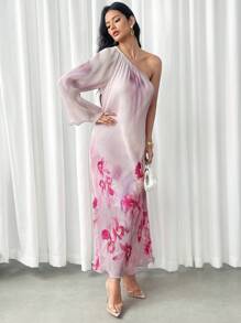 Modelyn 优雅女士花卉印花不对称领口连衣裙 - 彩色 - 查看 4