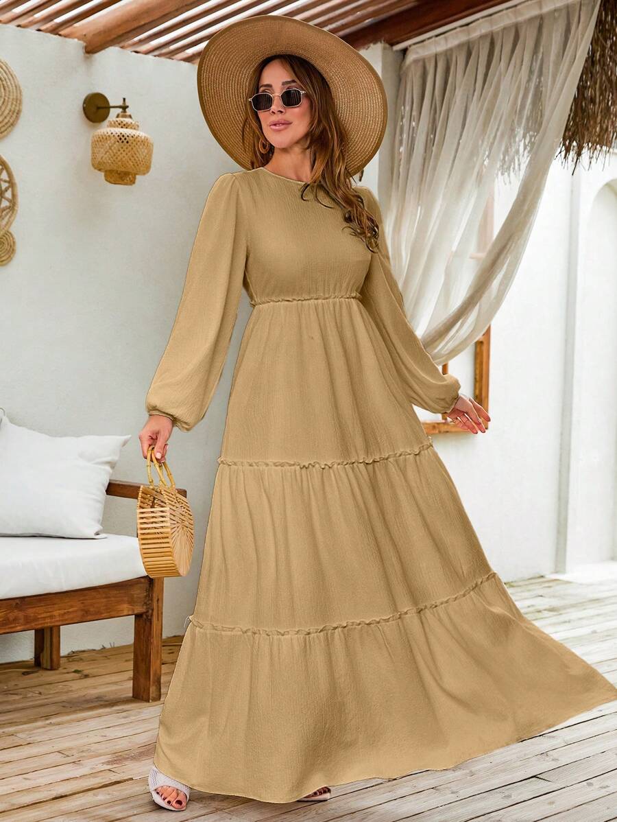 EURMUSE LANTERN LONG SLEEVE LAYERED LONG DRESS - Beige - View 1