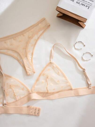 Verleidelijke Doorschijnende Heart Jacquard Mesh Wireless Triangle BH Lingerie Set view 6