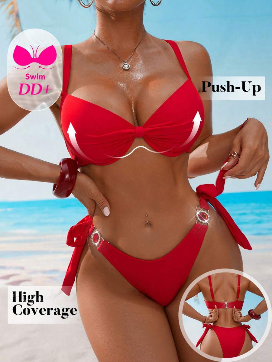 Voyashape Bộ bikini cạp trễ có gọng nâng ngực DD+ Cup - Đỏ - Xem 1