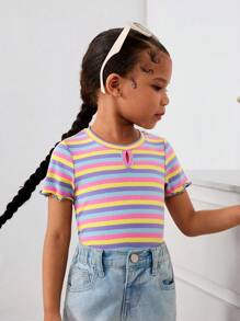 Young Girl Ribbed Stripe Round Neck Casual T-Shirt - Multicolor - View 5