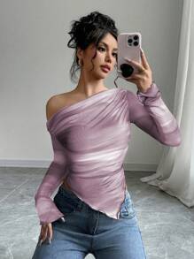 Firerie Women Tie Dye Print Asymmetrical Neck Long Sleeve Fitted T-Shirt - Dusty Pink - View 6