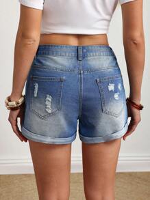 Breezaya Women Floral Embroidered Pocket Cuffed Casual Denim Shorts - Blue - View 2