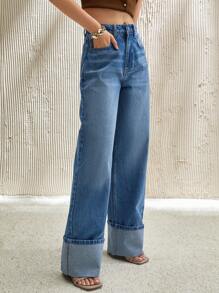 EURMUSE 女式高腰口袋阔腿宽松休闲百搭牛仔裤