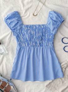 SHEIN Blusa azul y blanca con volantes y línea A a cuadros en estilo retro, casual tipo universitario