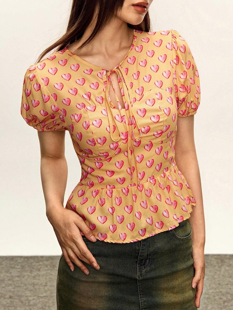 INAWLY Women Heart Print Tie Front Puff Sleeve Shirt - Yellow - View 1