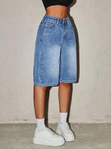 SHEIN Tall 女士休闲水洗低腰阔腿牛仔短裤